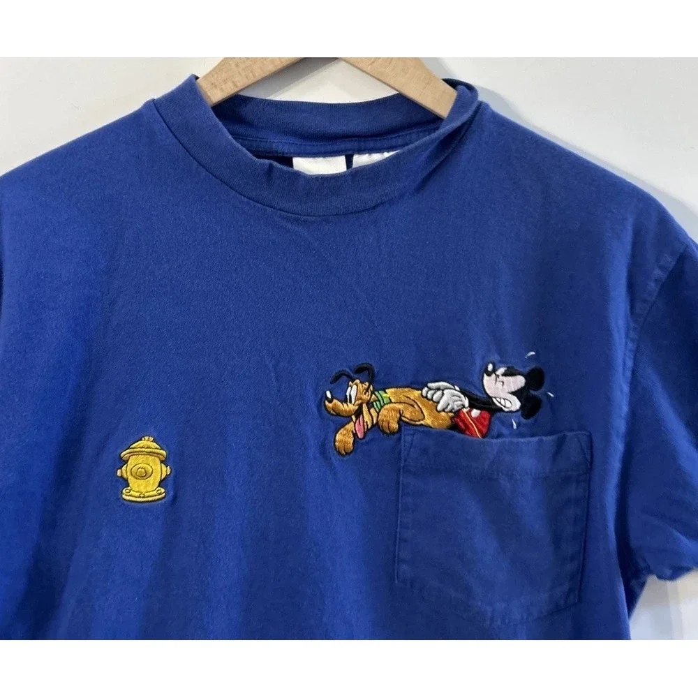 Vintage The Disney Store Mickey & Pluto Pocket T Shirt Sz Med Blue